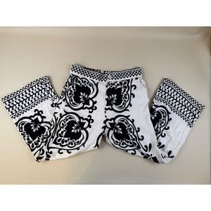 Boho Wide Leg Linen Pants Black White Floral Print Medium  Soft Surroundings
